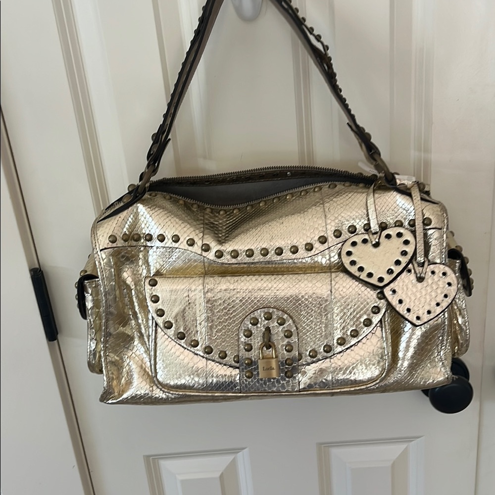 Gold Studded Shoulder Bag with Heart Charm Luella